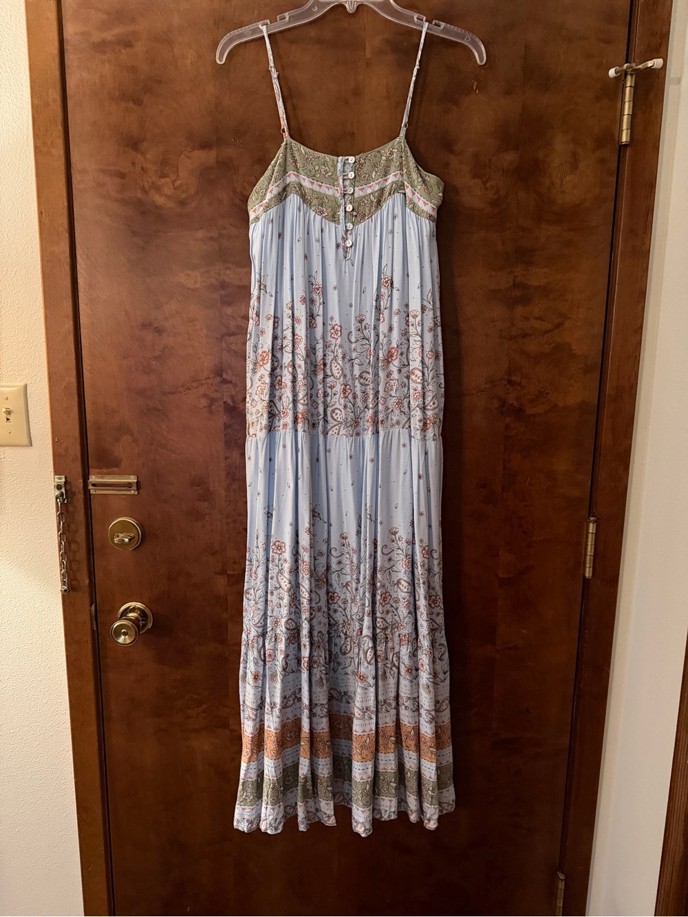 Light Blue Floral Maxi Dress with Olive Yoke